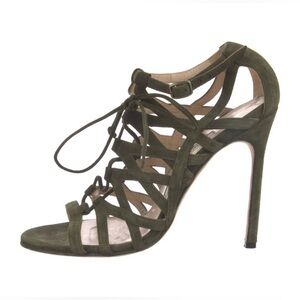 Manolo Blahnik Vostra Strappy Suede Lace Up Open Toe Heels Green sz 38